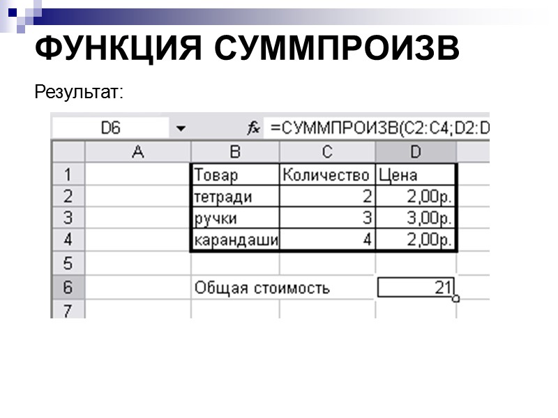 ФУНКЦИЯ СУММПРОИЗВ  Результат: